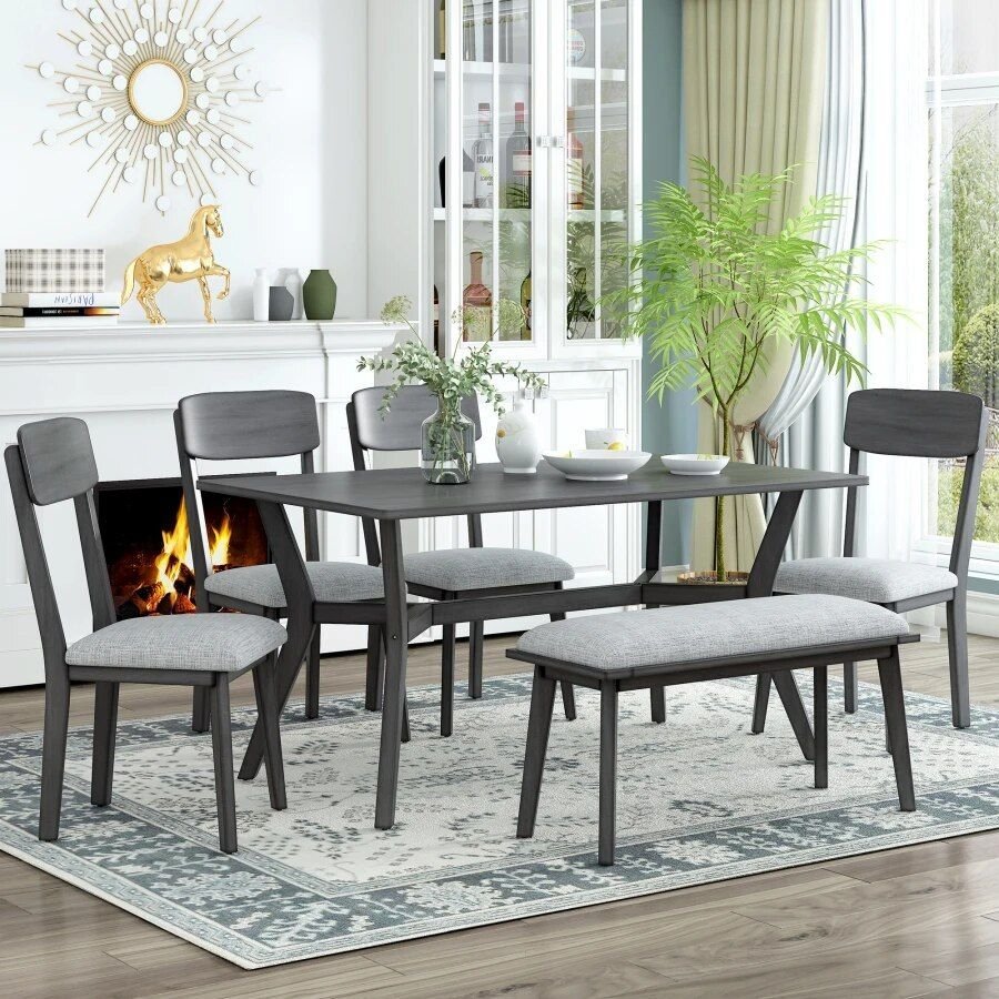 Mid-Century-Modern-6-Piece-Dining-Set-with-Table,-Chairs---Bench-2