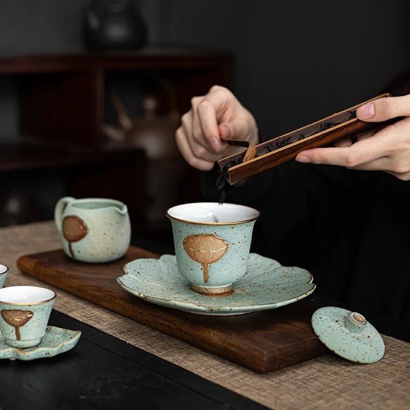 Lotus Porcelain Tea Set - Side Handle Pot | La Luxe Villa