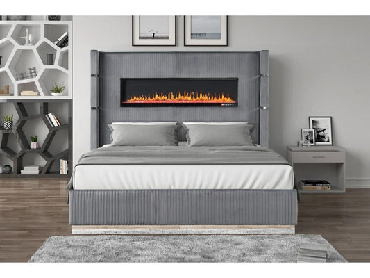 Luxury-Velvet-King-Bed-with-Ambient-Light-Fireplace-Display-1