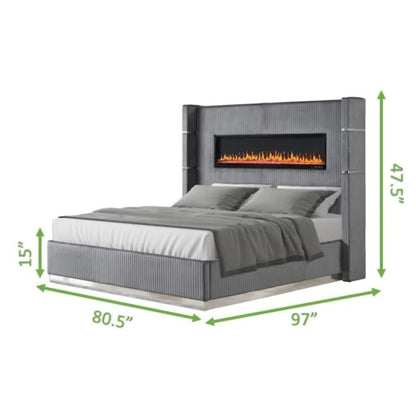 Luxury-Velvet-King-Bed-with-Ambient-Light-Fireplace-Display-5